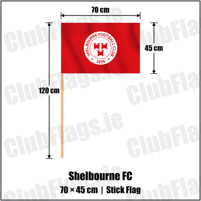 Shelbourne FC 45cm x 70cm Stick Flag with the club crest and colours, Dublin Football - ClubFlags.ie
