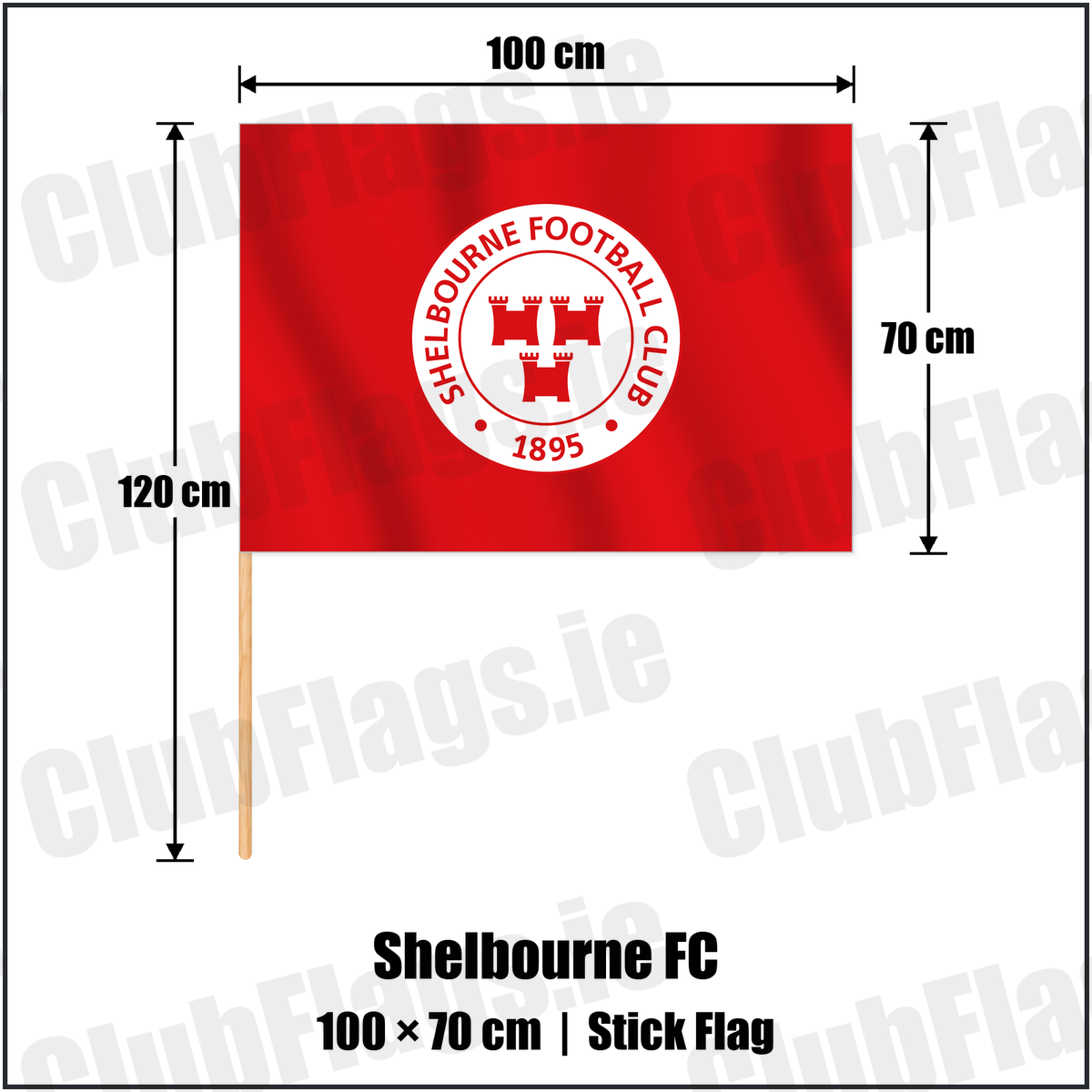 Shelbourne FC 70cm x 100cm Stick Flag with the club crest and colours, Dublin Football - ClubFlags.ie