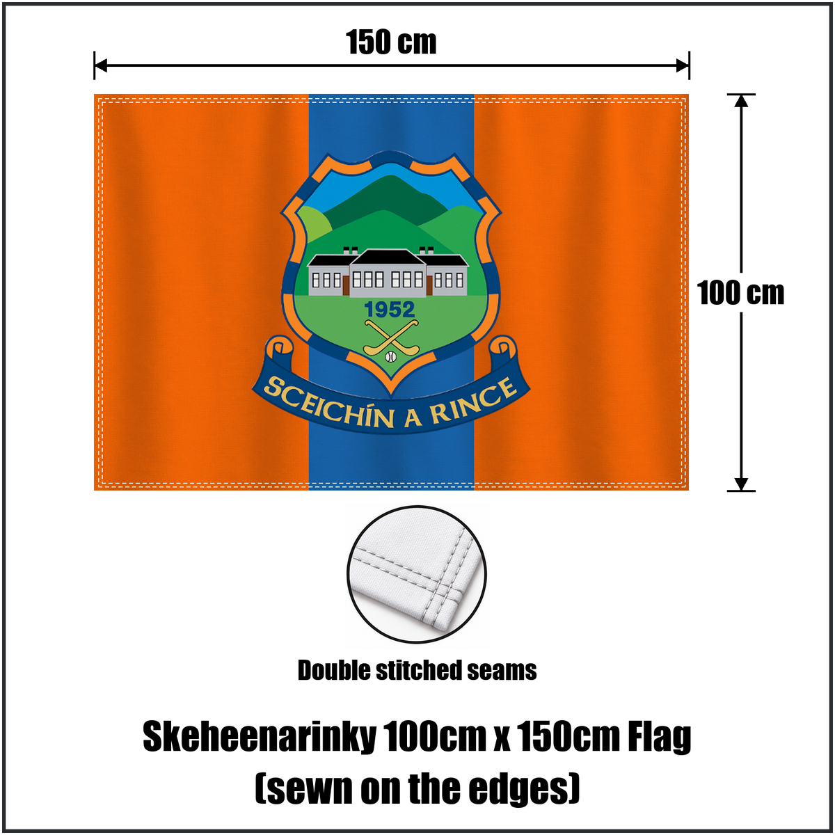 Skeheenarinky 100cm x 150cm Flag (sewn on the edges), featuring the club crest and orange and blue colours; County Tipperary GAA. ClubFlags.ie.