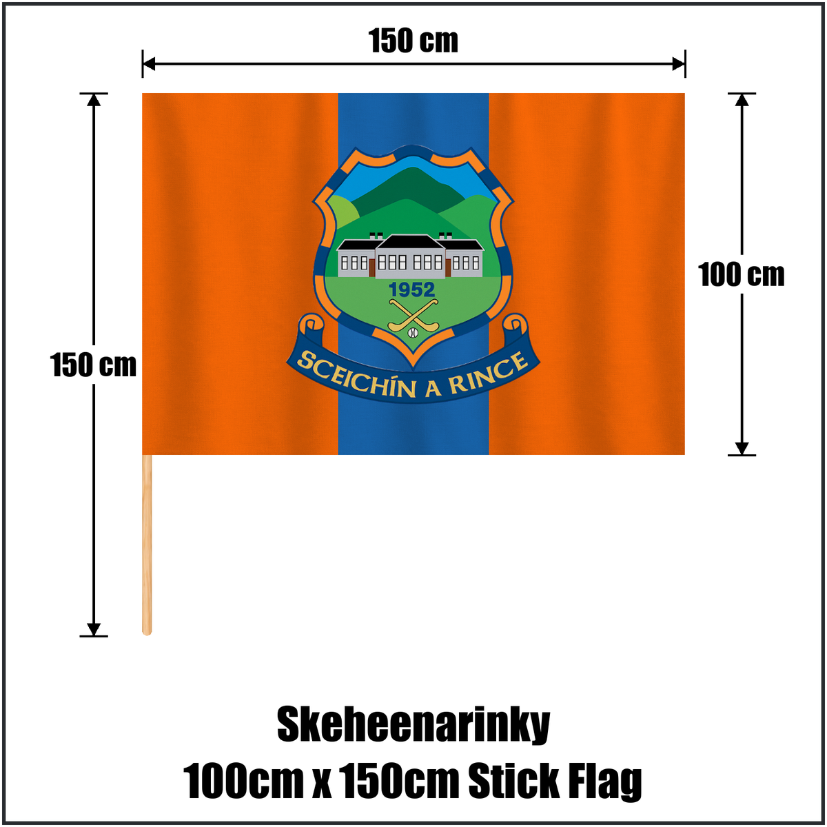 Skeheenarinky 100cm x 150cm Stick Flag, featuring the club crest and orange and blue colours; County Tipperary GAA. ClubFlags.ie.