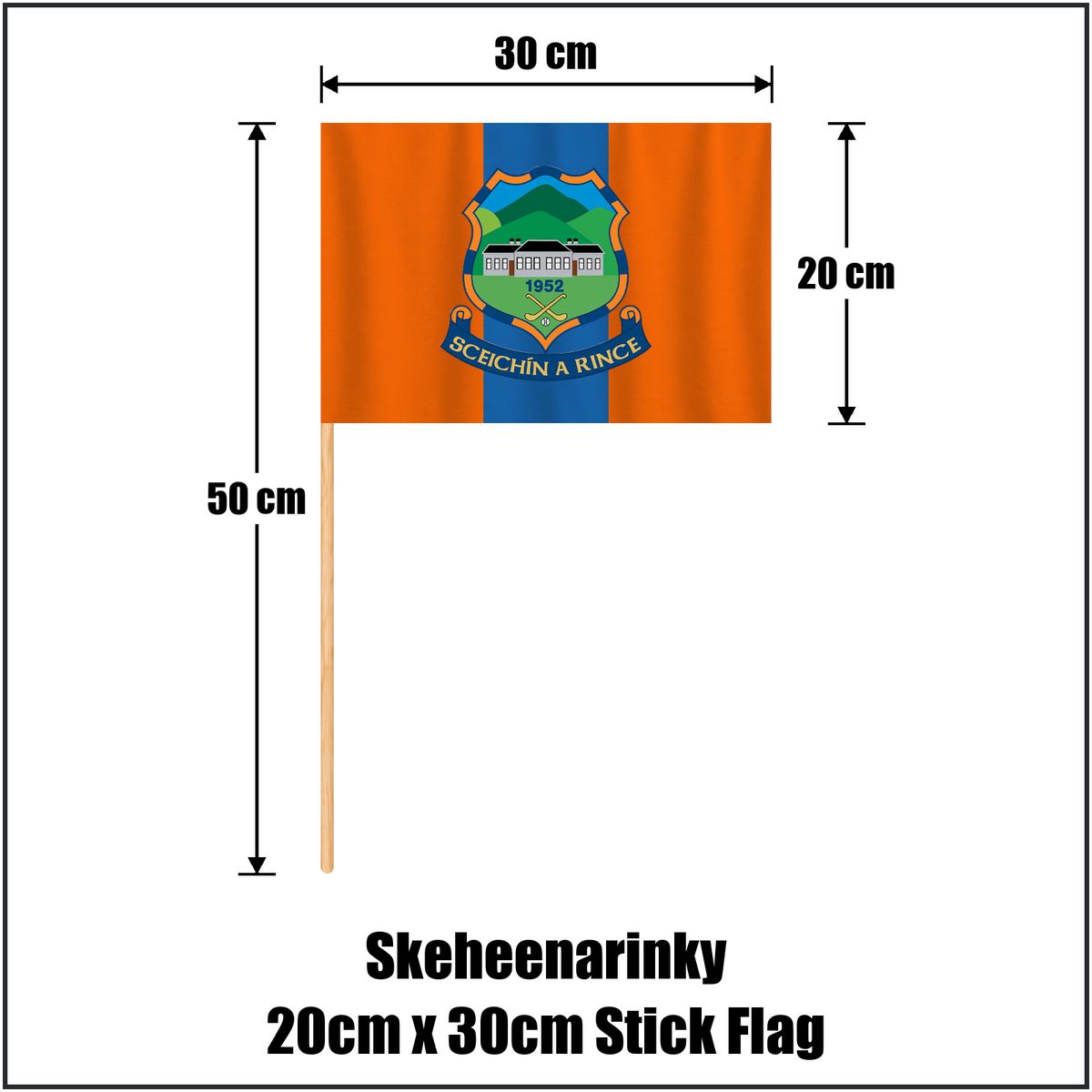 Skeheenarinky 20cm x 30cm Stick Flag, featuring the club crest and orange and blue colours; County Tipperary GAA. ClubFlags.ie.