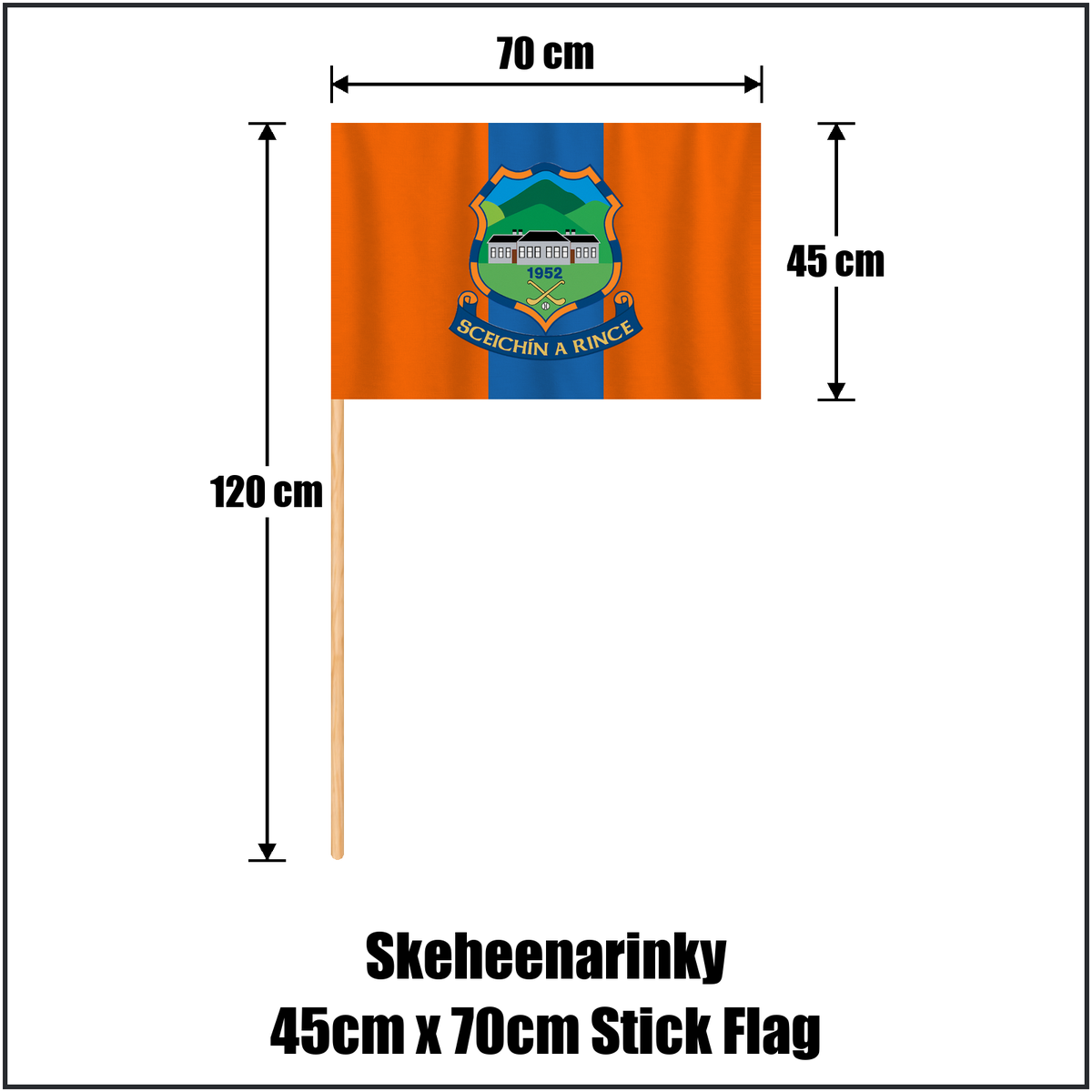 Skeheenarinky 45cm x 70cm Stick Flag, featuring the club crest and orange and blue colours; County Tipperary GAA. ClubFlags.ie.
