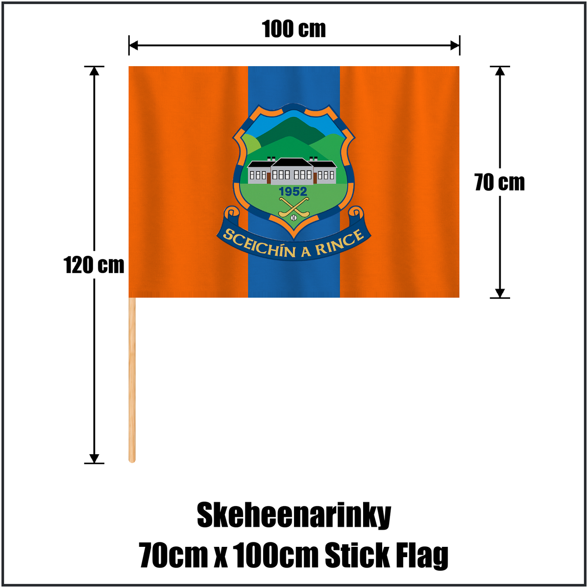 Skeheenarinky 70cm x 100cm Stick Flag, featuring the club crest and orange and blue colours; County Tipperary GAA. ClubFlags.ie.