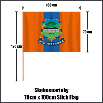 Skeheenarinky 70cm x 100cm Stick Flag, featuring the club crest and orange and blue colours; County Tipperary GAA. ClubFlags.ie.