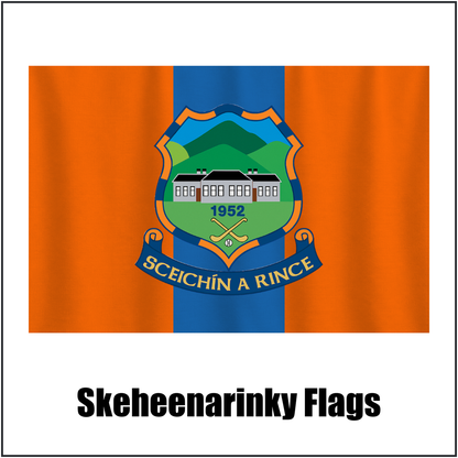Skeheenarinky Flags, featuring the club crest and orange and blue colours; County Tipperary GAA. ClubFlags.ie.