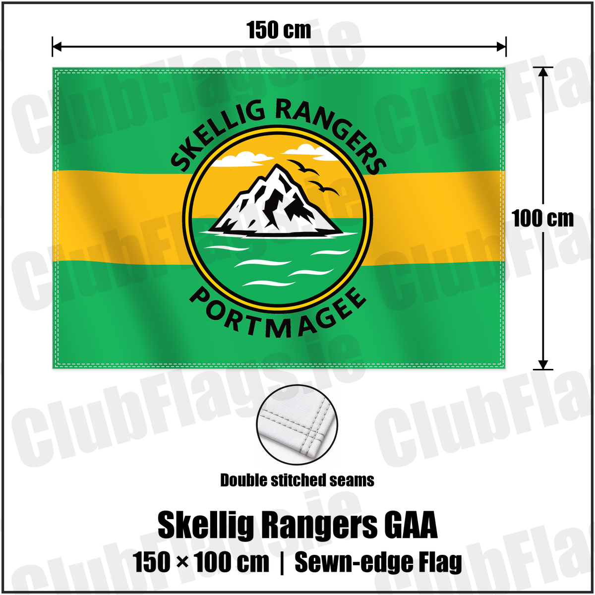 Skellig Rangers GAA 100cm x 150cm Flag (sewn on the edges) with the verified club crest and colours, Kerry GAA - ClubFlags.ie