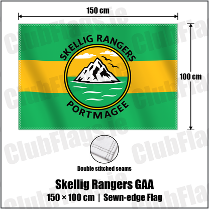Skellig Rangers GAA 100cm x 150cm Flag (sewn on the edges) with the verified club crest and colours, Kerry GAA - ClubFlags.ie