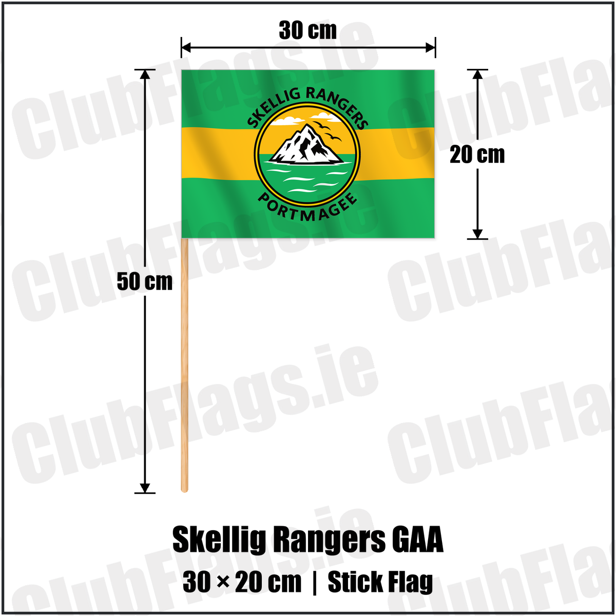 Skellig Rangers GAA 20cm x 30cm Stick Flag with the verified club crest and colours, Kerry GAA - ClubFlags.ie