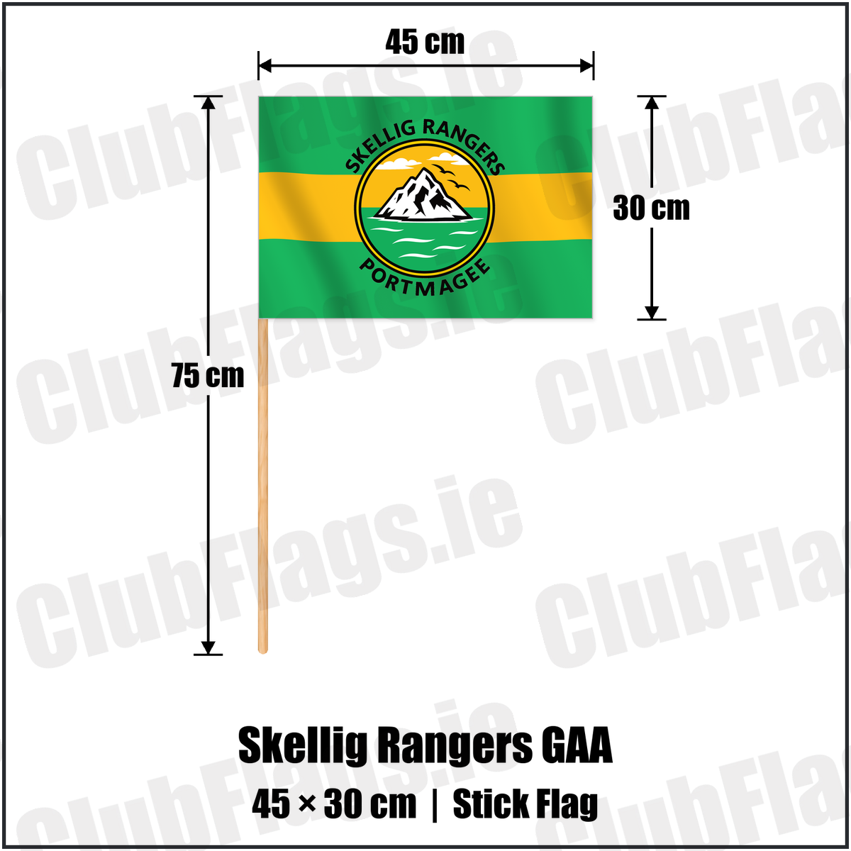 Skellig Rangers GAA 30cm x 45cm Stick Flag with the verified club crest and colours, Kerry GAA - ClubFlags.ie