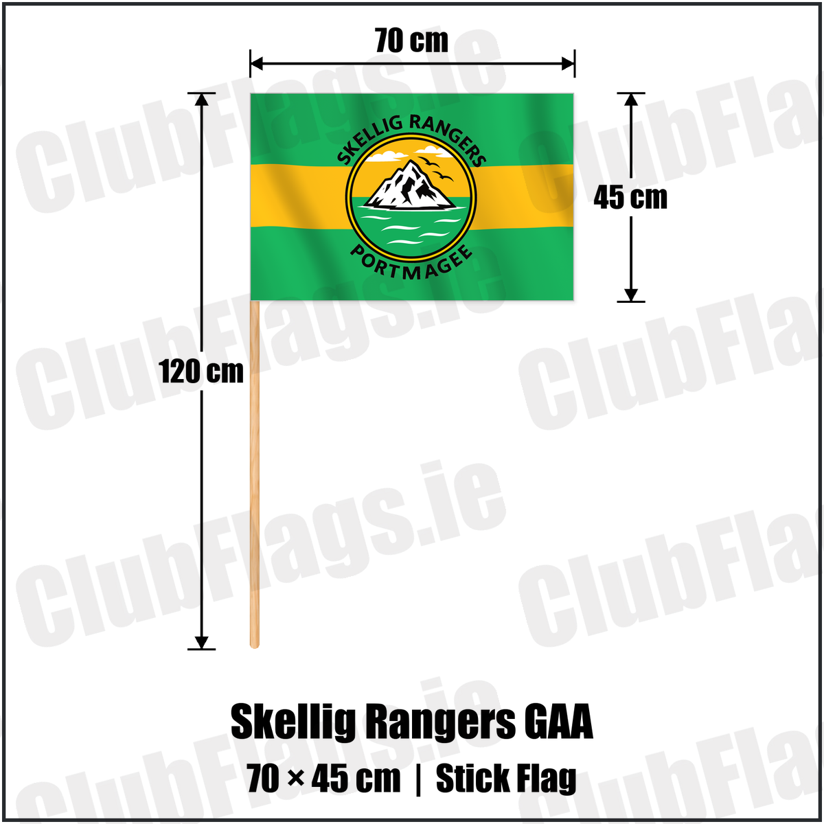 Skellig Rangers GAA 45cm x 70cm Stick Flag with the verified club crest and colours, Kerry GAA - ClubFlags.ie