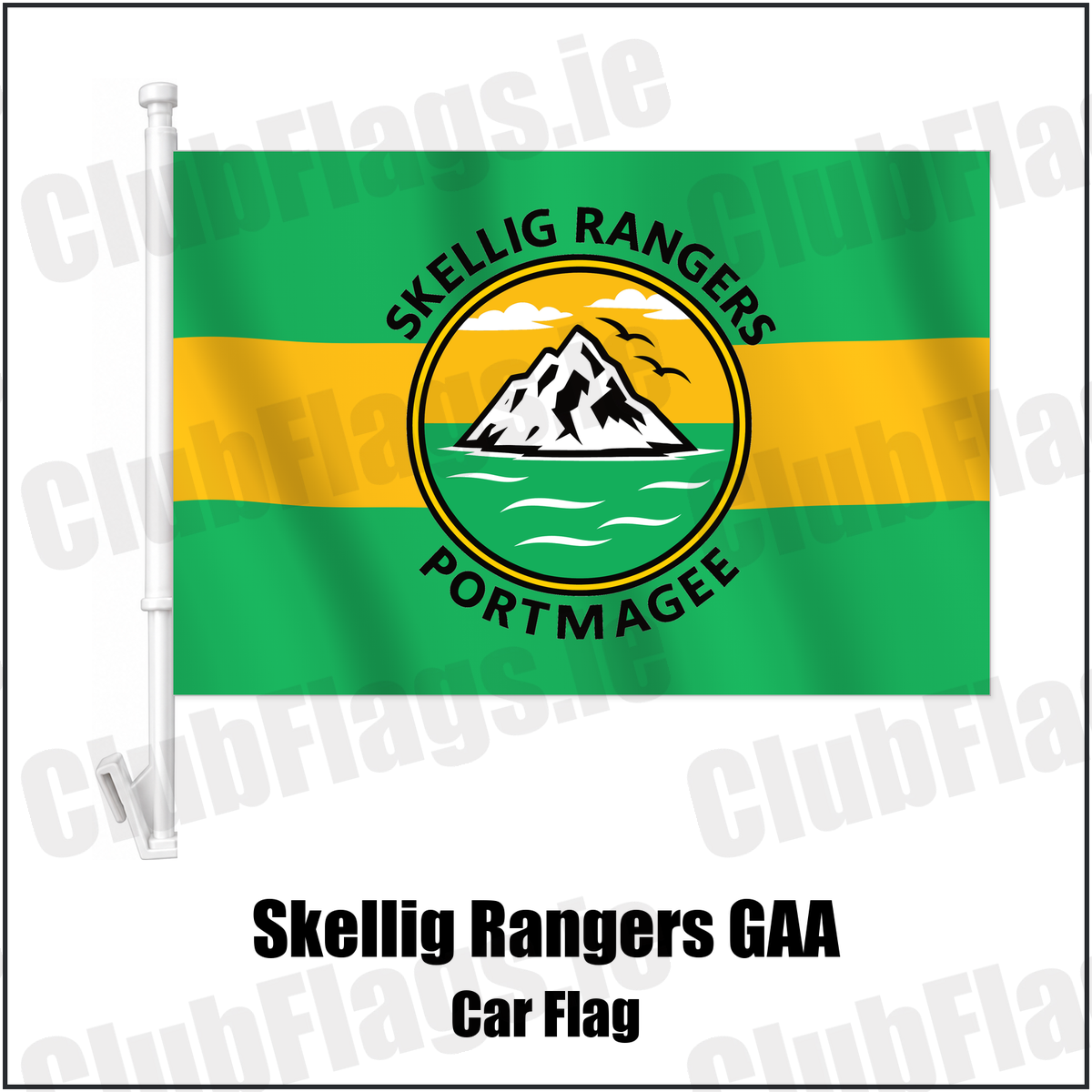 Skellig Rangers GAA Car Flag with the verified club crest and colours, Kerry GAA - ClubFlags.ie