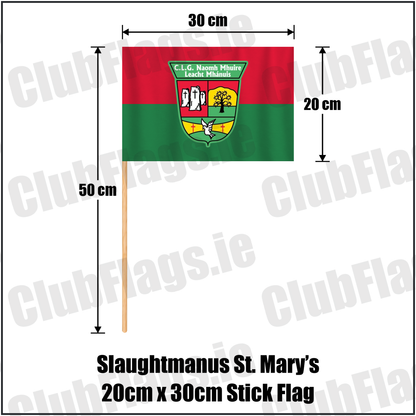 Slaughtmanus St. Mary’s 20cm x 30cm Stick Flag, featuring the club crest and red and green colours; County Derry GAA. ClubFlags.ie.