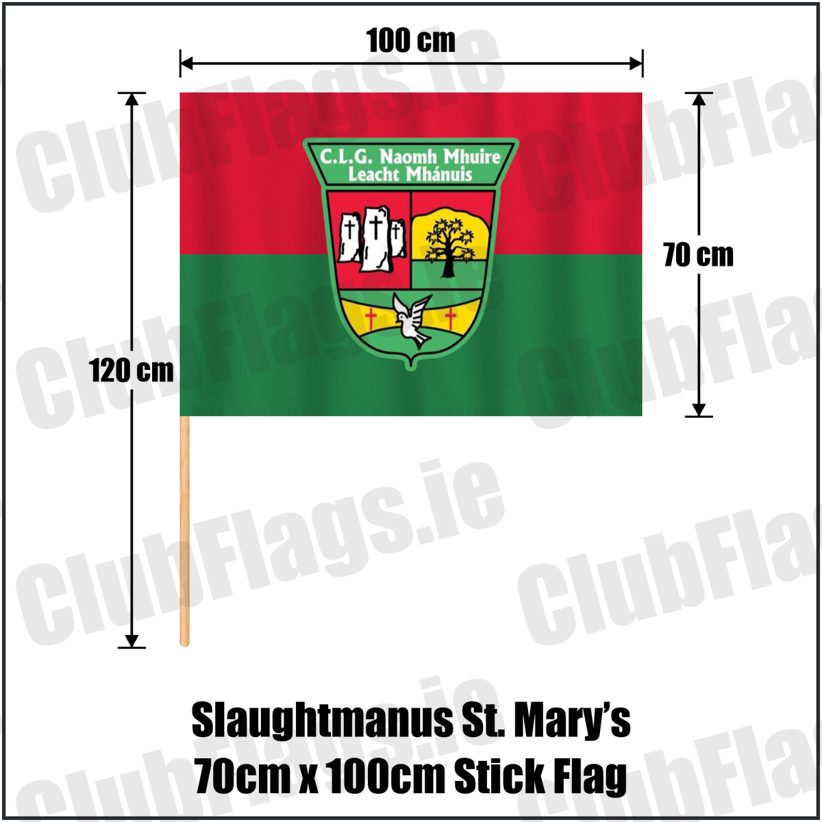Slaughtmanus St. Mary’s 70cm x 100cm Stick Flag, featuring the club crest and red and green colours; County Derry GAA. ClubFlags.ie.