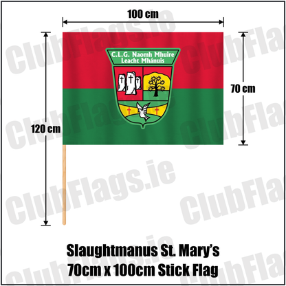 Slaughtmanus St. Mary’s 70cm x 100cm Stick Flag, featuring the club crest and red and green colours; County Derry GAA. ClubFlags.ie.