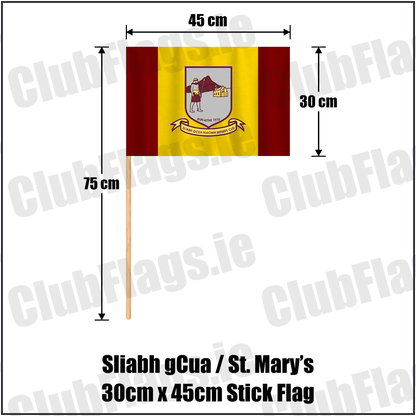 Sliabh gCua / St. Mary’s 30cm x 45cm Stick Flag, featuring the club crest and maroon and yellow colours; County Waterford GAA. ClubFlags.ie.