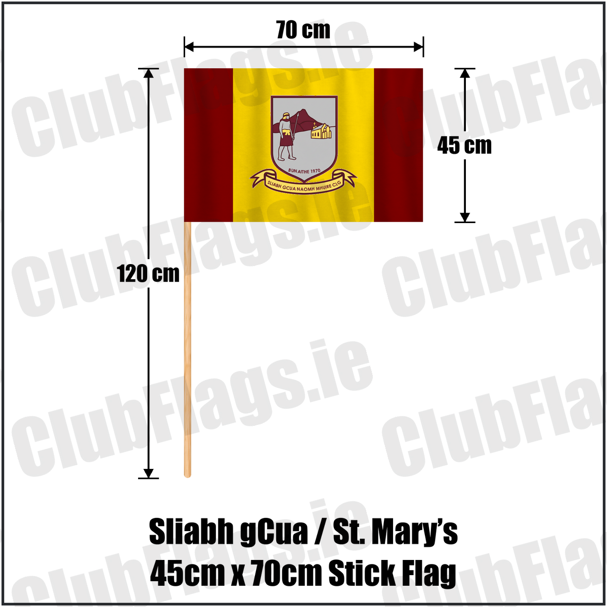 Sliabh gCua / St. Mary’s 45cm x 70cm Stick Flag, featuring the club crest and maroon and yellow colours; County Waterford GAA. ClubFlags.ie.
