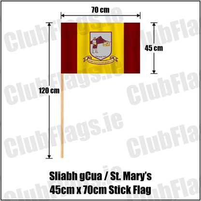 Sliabh gCua / St. Mary’s 45cm x 70cm Stick Flag, featuring the club crest and maroon and yellow colours; County Waterford GAA. ClubFlags.ie.