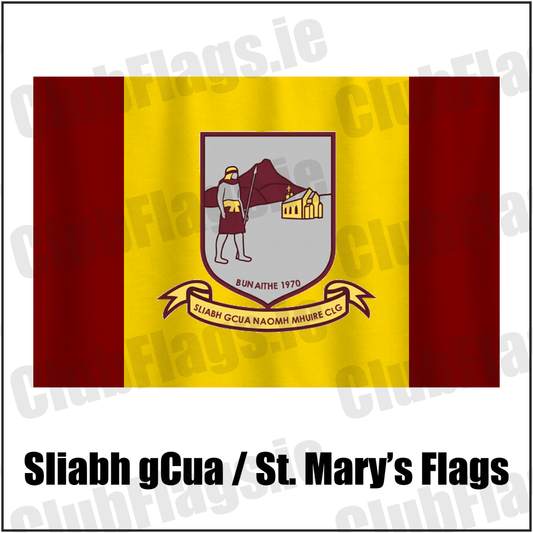 Sliabh gCua / St. Mary’s Flags, featuring the club crest and maroon and yellow colours; County Waterford GAA. ClubFlags.ie.