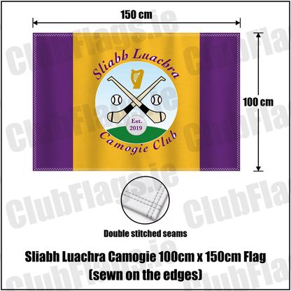Sliabh Luachra Camogie 100cm x 150cm Flag (sewn on the edges), featuring the club crest and purple and gold colours; County Kerry camogie. ClubFlags.ie.