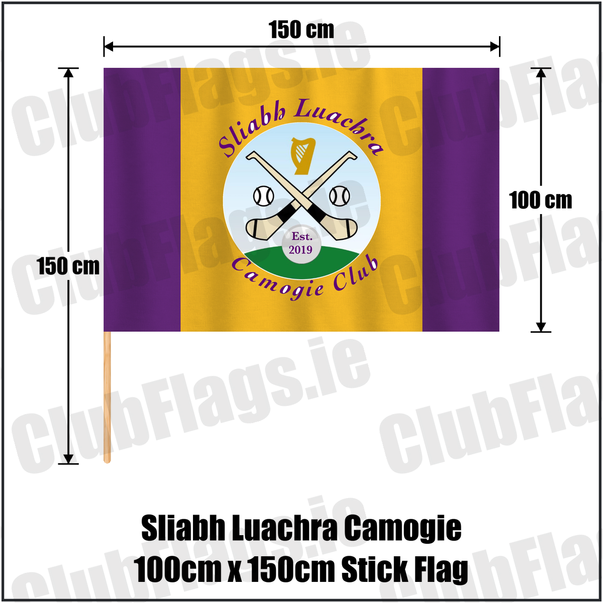 Sliabh Luachra Camogie 100cm x 150cm Stick Flag, featuring the club crest and purple and gold colours; County Kerry camogie. ClubFlags.ie.