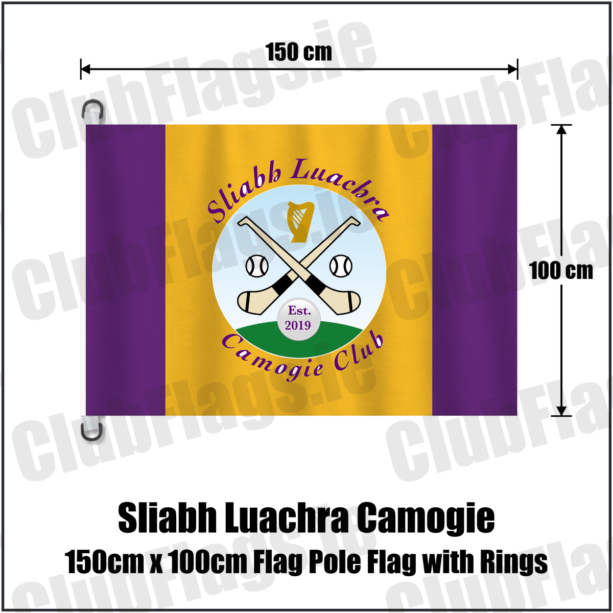 Sliabh Luachra Camogie 150cm x 100cm Flag Pole Flag with Rings, featuring the club crest and purple and gold colours; County Kerry camogie. ClubFlags.ie.