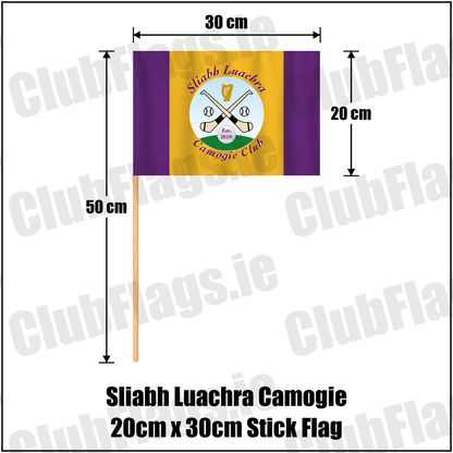 Sliabh Luachra Camogie 20cm x 30cm Stick Flag, featuring the club crest and purple and gold colours; County Kerry camogie. ClubFlags.ie.