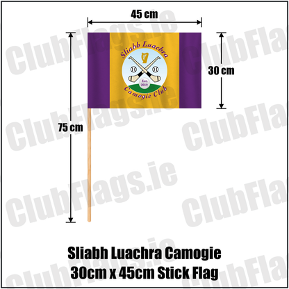 Sliabh Luachra Camogie 30cm x 45cm Stick Flag, featuring the club crest and purple and gold colours; County Kerry camogie. ClubFlags.ie.