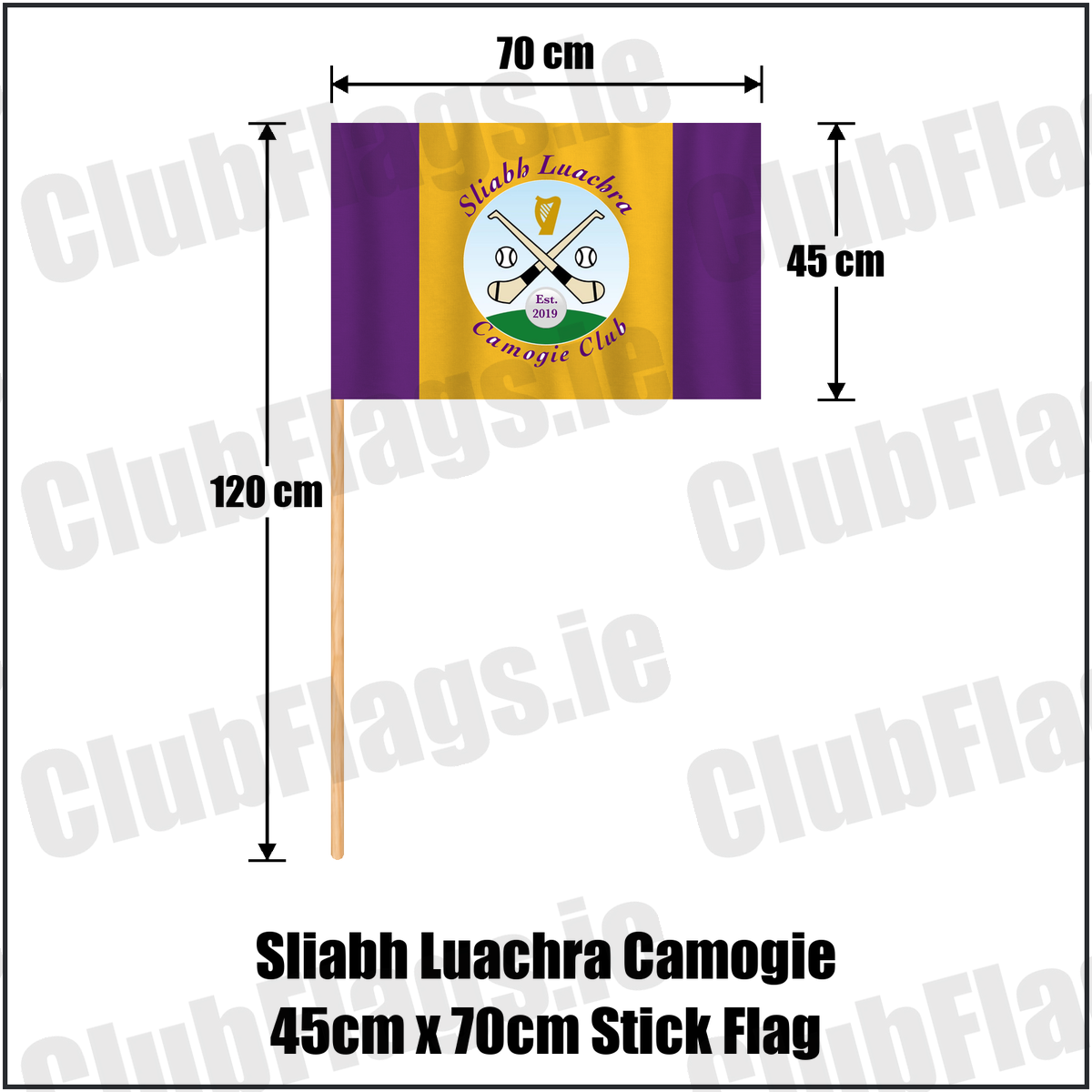 Sliabh Luachra Camogie 45cm x 70cm Stick Flag, featuring the club crest and purple and gold colours; County Kerry camogie. ClubFlags.ie.