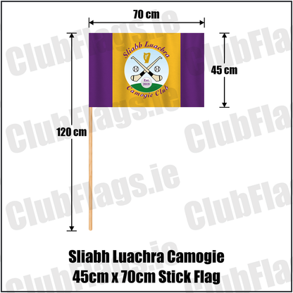 Sliabh Luachra Camogie 45cm x 70cm Stick Flag, featuring the club crest and purple and gold colours; County Kerry camogie. ClubFlags.ie.