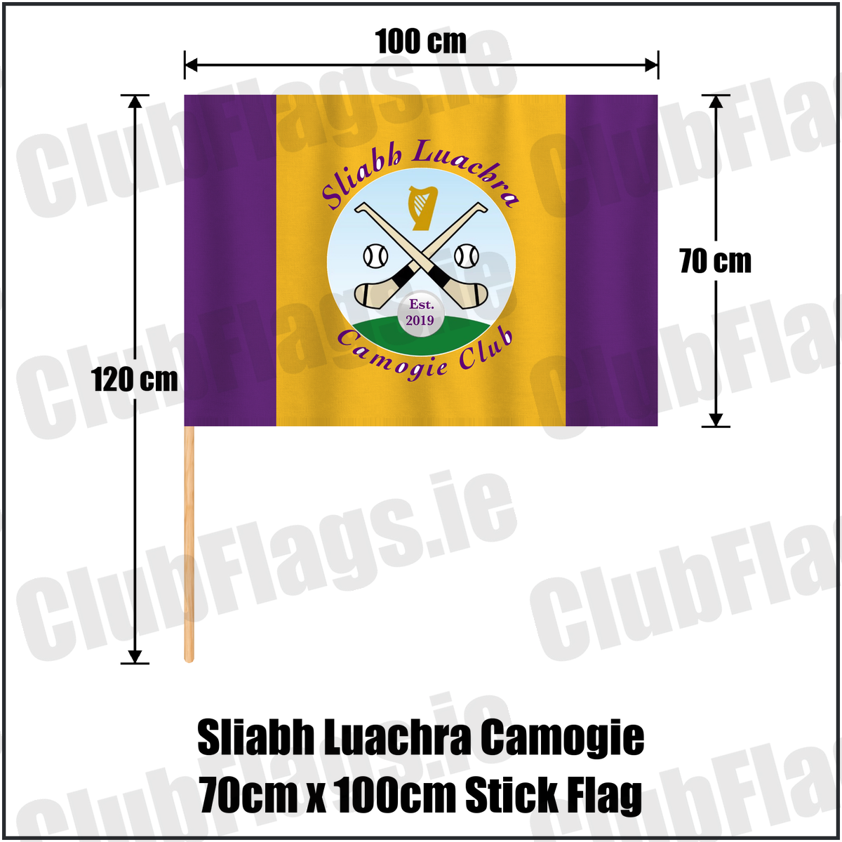 Sliabh Luachra Camogie 70cm x 100cm Stick Flag, featuring the club crest and purple and gold colours; County Kerry camogie. ClubFlags.ie.