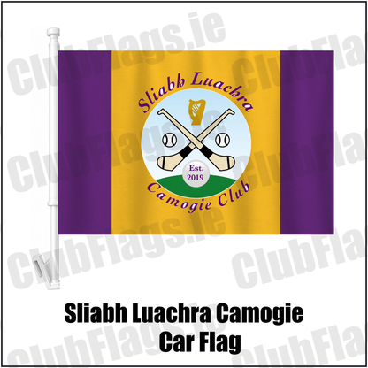 Sliabh Luachra Camogie Car Flag, featuring the club crest and purple and gold colours; County Kerry camogie. ClubFlags.ie.