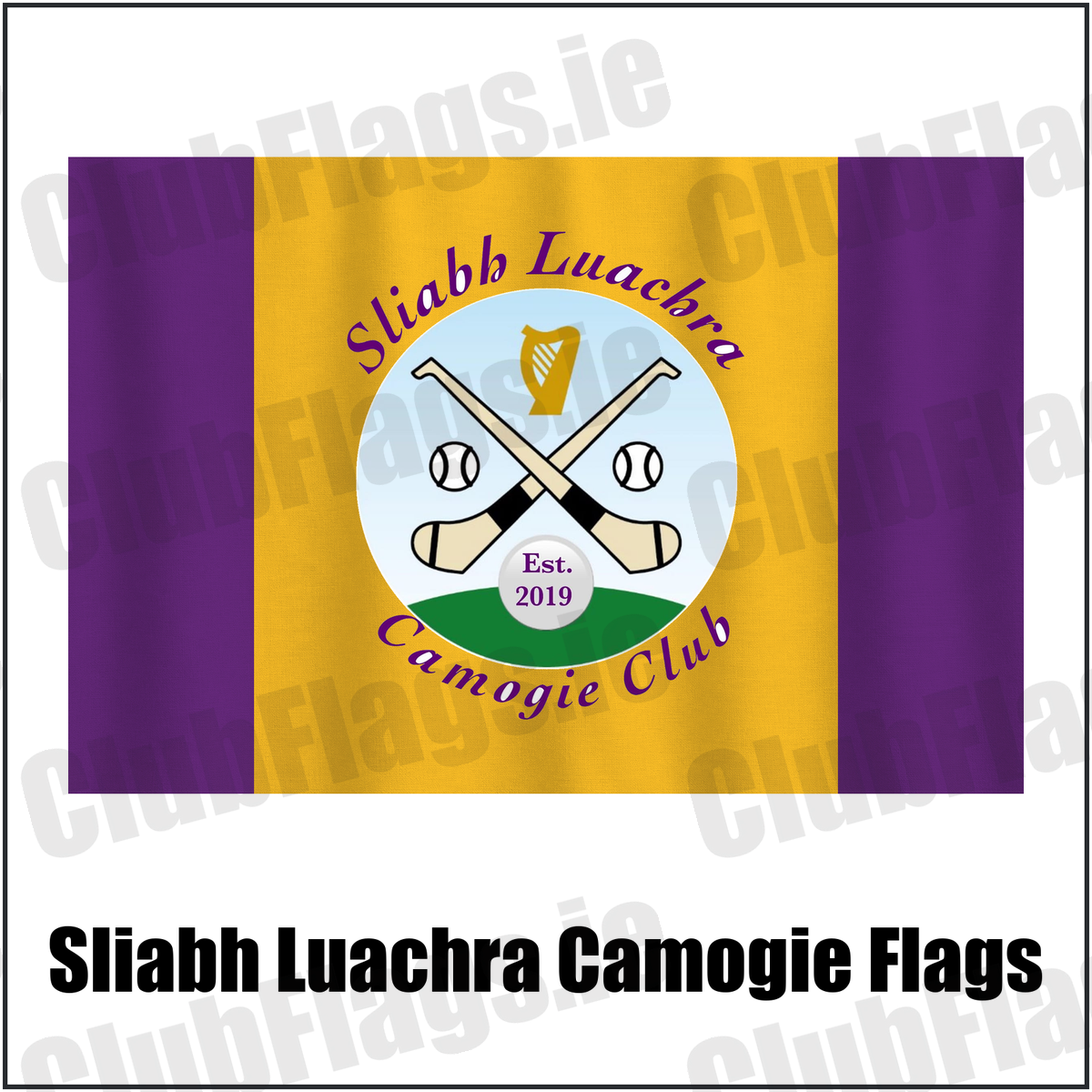 Sliabh Luachra Camogie Flags, featuring the club crest and purple and gold colours; County Kerry camogie. ClubFlags.ie.