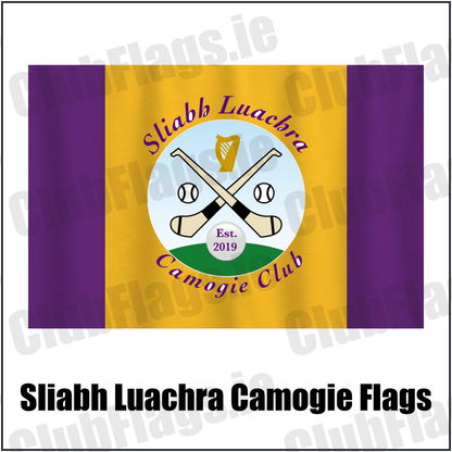 Sliabh Luachra Camogie Flags, featuring the club crest and purple and gold colours; County Kerry camogie. ClubFlags.ie.
