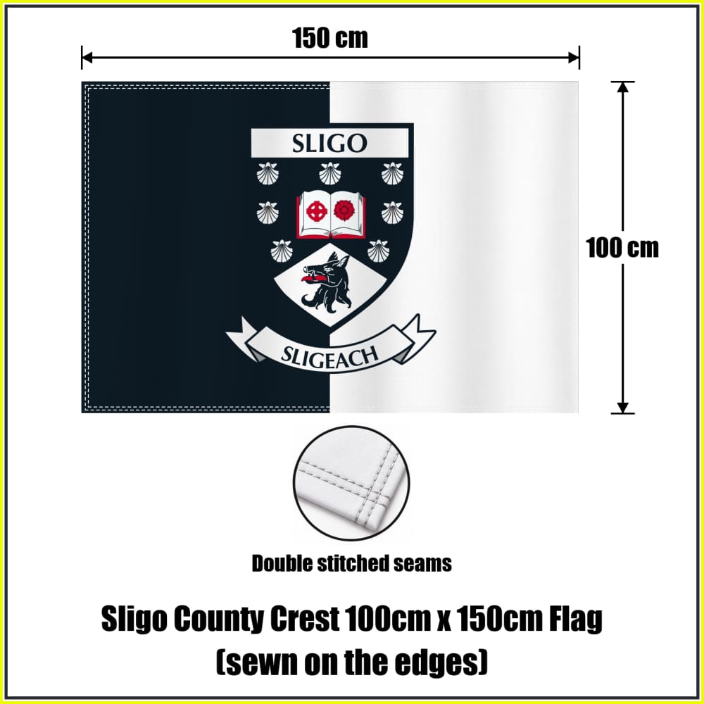 Sligo county crest 100 × 150 cm sewn-edge flag in black and white, with dimension arrows and a double-stitch seam close-up.