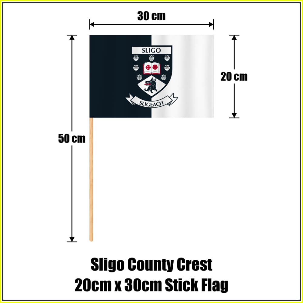 Sligo county crest 20 × 30 cm stick flag in black and white, with a 50 cm wooden stick and dimension arrows.