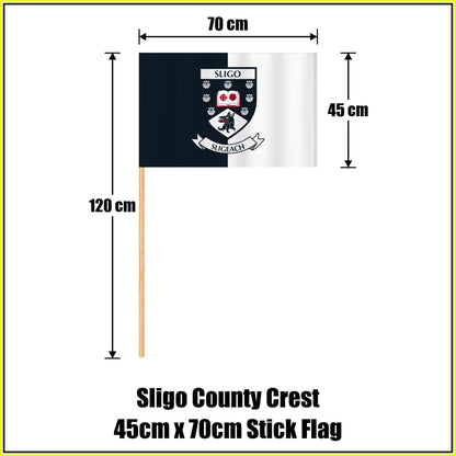 Sligo county crest 45 × 70 cm stick flag in black and white, with a 120 cm wooden stick and dimension arrows.