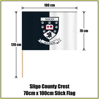 Sligo county crest 70 × 100 cm stick flag in black and white, with a 120 cm wooden stick and dimension arrows.