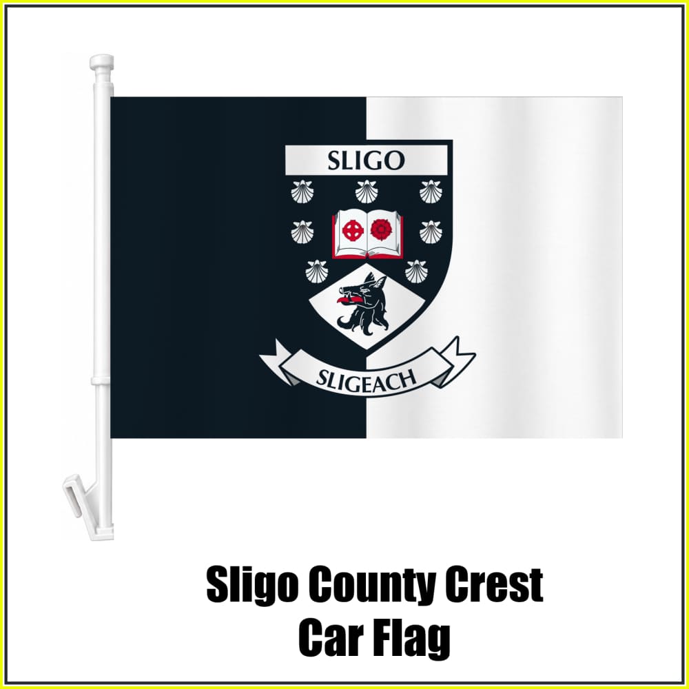 Sligo county crest car flag in black and white, on a white plastic window mount.
