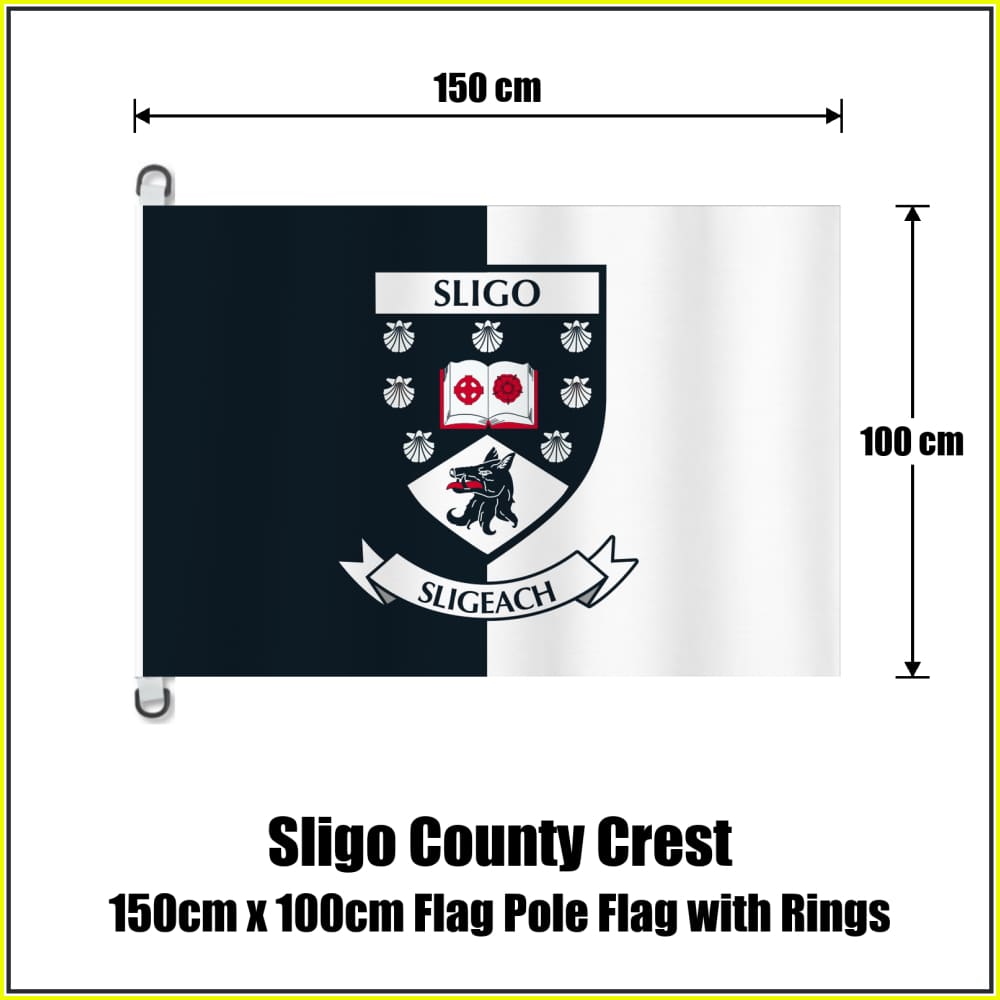 Sligo county crest flag, 150 cm wide × 100 cm high, in black and white, with two dark attachment rings on white tabs and no pole.