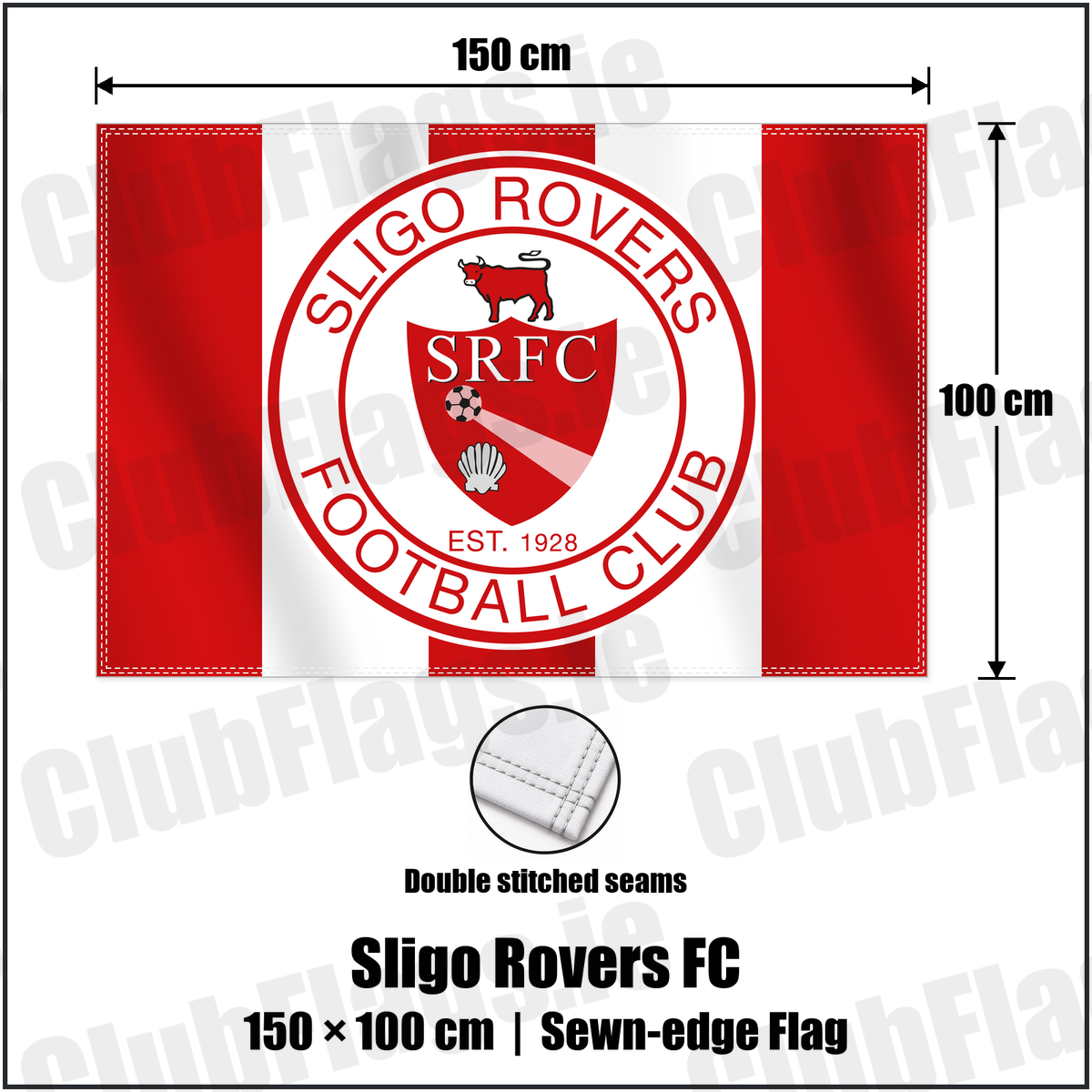 Sligo Rovers FC 100cm x 150cm Flag (sewn on the edges) with the club crest and colours, Sligo Football - ClubFlags.ie
