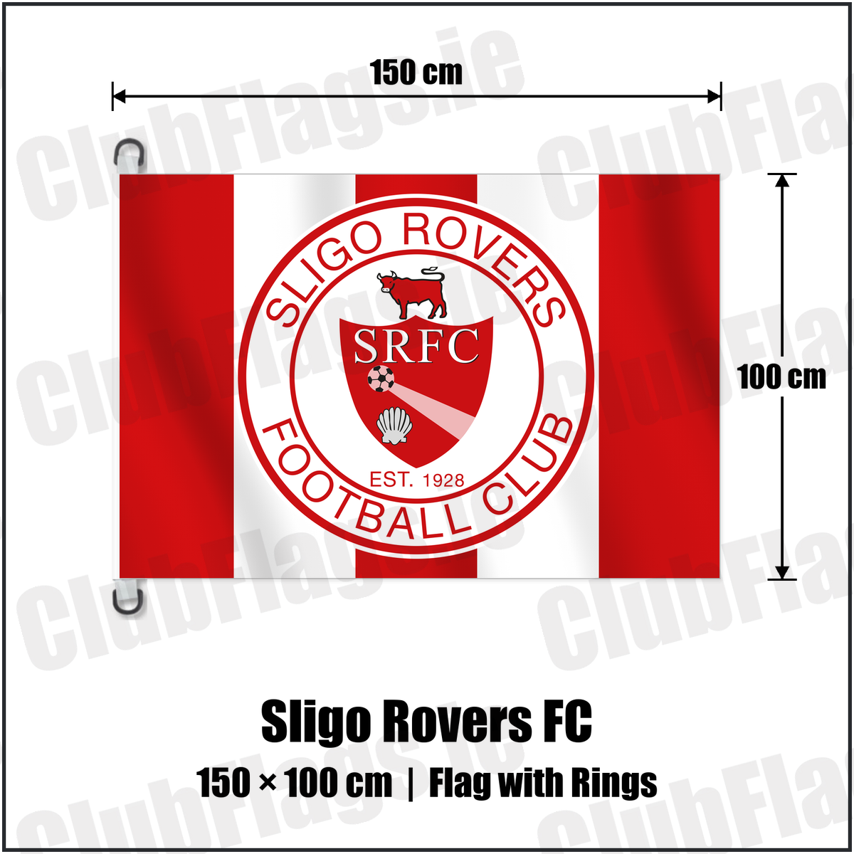 Sligo Rovers FC 150cm x 100cm Flag Pole Flag with Rings with the club crest and colours, Sligo Football - ClubFlags.ie