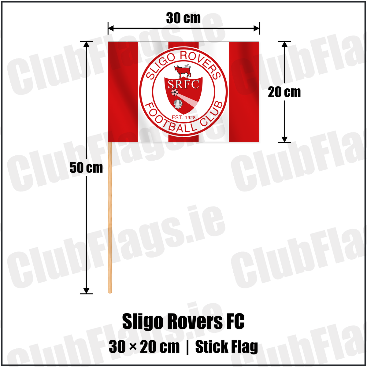Sligo Rovers FC 20cm x 30cm Stick Flag with the club crest and colours, Sligo Football - ClubFlags.ie