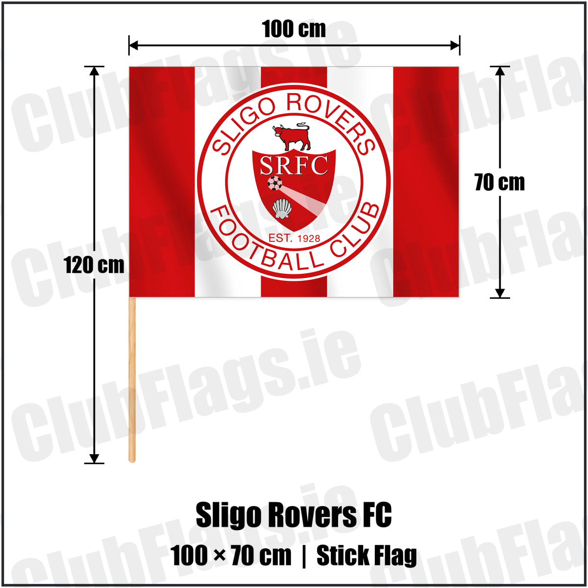 Sligo Rovers FC 70cm x 100cm Stick Flag with the club crest and colours, Sligo Football - ClubFlags.ie