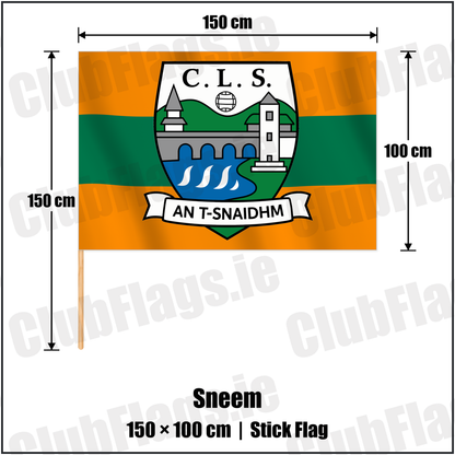 Sneem 100cm x 150cm Stick Flag with the verified club crest and colours, Kerry GAA - ClubFlags.ie