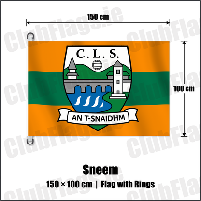 Sneem 150cm x 100cm Flag Pole Flag with Rings with the verified club crest and colours, Kerry GAA - ClubFlags.ie