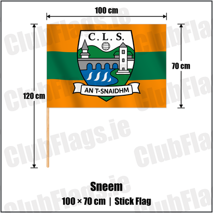 Sneem 70cm x 100cm Stick Flag with the verified club crest and colours, Kerry GAA - ClubFlags.ie