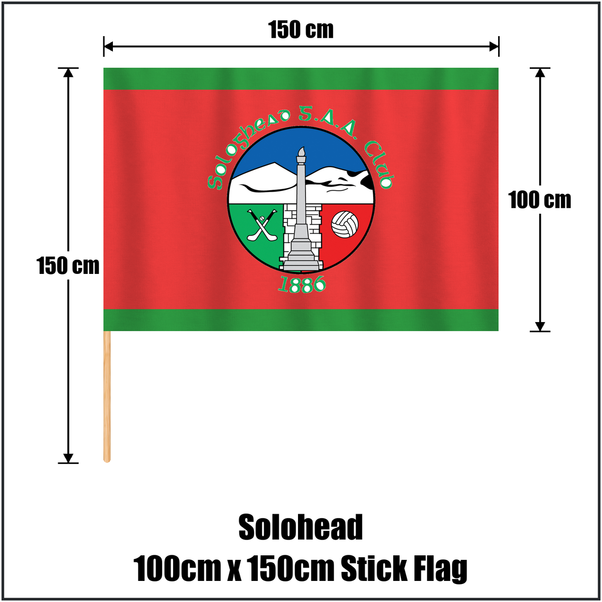 Solohead 100cm x 150cm Stick Flag, featuring the club crest and green and red colours; County Tipperary GAA. ClubFlags.ie.