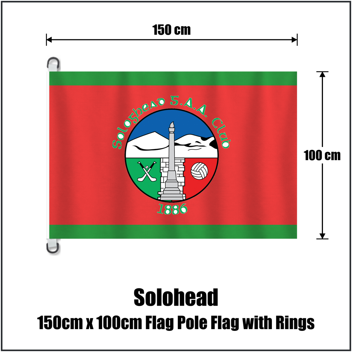 Solohead 150cm x 100cm Flag Pole Flag with Rings, featuring the club crest and green and red colours; County Tipperary GAA. ClubFlags.ie.