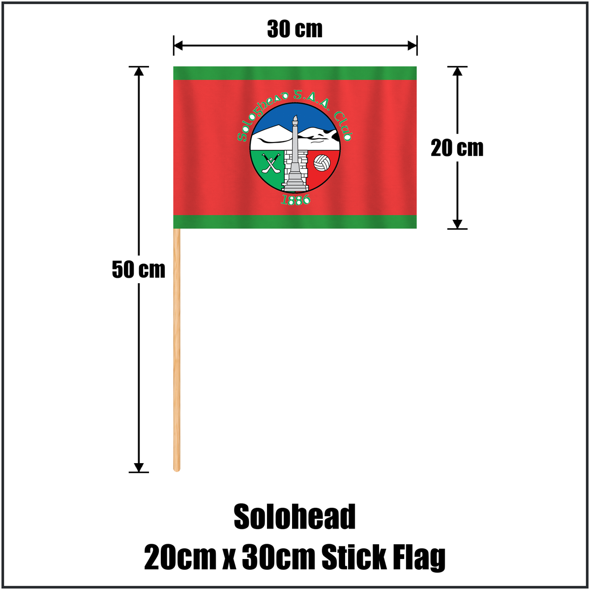 Solohead 20cm x 30cm Stick Flag, featuring the club crest and green and red colours; County Tipperary GAA. ClubFlags.ie.
