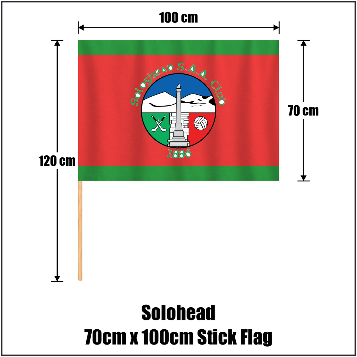 Solohead 70cm x 100cm Stick Flag, featuring the club crest and green and red colours; County Tipperary GAA. ClubFlags.ie.